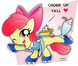 Size: 3576x3000 | Tagged: safe, artist:lockerobster, artist:mrcbleck, character:apple bloom, species:earth pony, species:pony, adorabloom, clothing, collaboration, cute, female, filly, food, heart, hnnng, looking at you, milkshake, misspelling, pie, roller skates, smiling, solo, waitress, weapons-grade cute, wink, y'all, ya'll