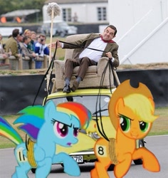 Size: 377x400 | Tagged: safe, artist:trotsworth, character:applejack, character:rainbow dash, bridle, car, chariot, crossover, mr bean, photo, reins, tack