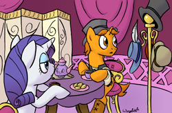 Size: 900x592 | Tagged: safe, artist:wingbeatpony, character:rarity, oc, species:pony, species:unicorn, bowler hat, carousel boutique, chair, clothing, crumpet (griddle cake), eyes on the prize, hat, hoof hold, sitting, table, tea, tea party, top hat, unamused, unimpressed