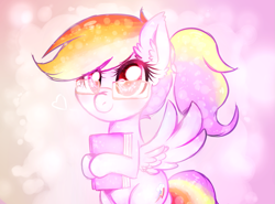 Size: 1411x1043 | Tagged: safe, artist:toroitimu, character:rainbow dash, species:pegasus, species:pony, abstract background, adorkable, bipedal, book, cute, dashabetes, dork, ear fluff, egghead, female, glasses, hoof hold, looking at you, mare, nerd, nerd pony, rainbow dork, smiling, solo, spread wings, wings