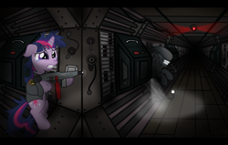 Size: 1280x815 | Tagged: safe, artist:icaron, character:twilight sparkle, species:pony, alien, alien (franchise), bipedal, clothing, crossover, flamer, gun, show accurate, weapon, xenomorph