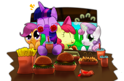 Size: 1700x1105 | Tagged: safe, artist:hoyeechun, character:apple bloom, character:scootaloo, character:sweetie belle, character:twilight sparkle, character:twilight sparkle (alicorn), species:alicorn, species:pegasus, species:pony, episode:twilight time, g4, my little pony: friendship is magic, cutie mark crusaders, duckface, eating, female, food, french fries, hay burger, mare, messy eating, pixiv, table, that pony sure does love burgers, twilight burgkle