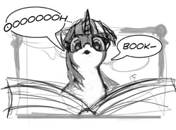 Size: 612x452 | Tagged: safe, artist:hattonslayden, character:twilight sparkle, :o, adorkable, book, bookhorse, cute, dialogue, dork, eyes on the prize, female, monochrome, oooooh, sketch, solo, speech bubble, that pony sure does love books, twiabetes