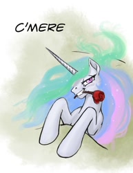 Size: 612x792 | Tagged: safe, artist:hattonslayden, character:princess celestia, princess molestia, female, flower in mouth, rose, rose in mouth, solo
