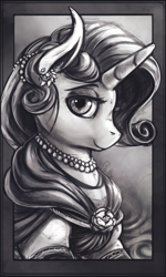 Size: 1907x3168 | Tagged: safe, artist:bantha, character:rarity, clothing, ear piercing, female, grayscale, jewelry, looking at you, monochrome, necklace, piercing, portrait, solo