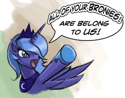 Size: 1094x857 | Tagged: safe, artist:hattonslayden, character:princess luna, species:alicorn, species:pony, abstract background, all your base are belong to us, brony, dialogue, female, meme, s1 luna, solo, speech bubble, zero wing