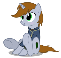 Size: 914x874 | Tagged: safe, artist:mrlolcats17, oc, oc only, oc:littlepip, species:pony, species:unicorn, fallout equestria, blushing, clothing, cute, cutie mark, fanfic, fanfic art, female, hooves, horn, mare, pipabetes, pipbuck, simple background, sitting, smiling, solo, transparent background, vault suit
