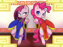 Size: 1600x1200 | Tagged: safe, artist:ayahana, character:pinkamena diane pie, character:pinkie pie, species:pony, bipedal, cheongsam, clothing, dual persona, duality, female, pixiv, solo