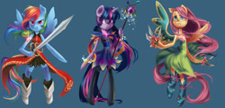 Size: 1280x615 | Tagged: safe, artist:my-magic-dream, character:fluttershy, character:rainbow dash, character:twilight sparkle, species:anthro, species:earth pony, species:pegasus, species:pony, species:unguligrade anthro, species:unicorn, bipedal, boots, clothing, hoof hold, knife, magical girl, metal claws, puella magi madoka magica, soul gem, staff, sword, wing armor
