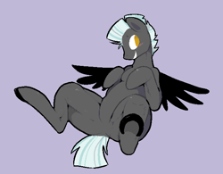 Size: 651x509 | Tagged: source needed, safe, artist:mangneto, character:thunderlane, species:pegasus, species:pony, g4, featureless crotch, male, no pupils, on back, simple background, solo, stallion, underhoof