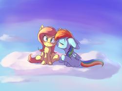 Size: 3200x2400 | Tagged: safe, artist:sokolas, character:fluttershy, character:rainbow dash, species:pegasus, species:pony, ship:flutterdash, blushing, cloud, cloudy, cute, eyes closed, female, filly, filly fluttershy, filly rainbow dash, kissing, lesbian, shipping, sky, surprise kiss, surprised, younger