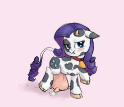 Size: 760x660 | Tagged: safe, artist:carnifex, artist:deeriojim, character:rarity, species:cow, collar, cow udder, cowbell, cowified, female, lactation, leaking, looking at you, milk, puddle, raricow, saggy, solo, species swap, udder