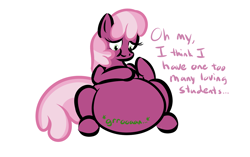 Size: 1280x806 | Tagged: dead source, safe, artist:zeldafan777, character:cheerilee, species:earth pony, species:pony, adorafatty, belly, big belly, chubbilee, chubby, chubby cheeks, fat, female, mare, not vore, obese, overeating, overweight, simple background, solo, stomach noise, stuffed, stuffing, weight gain, white background