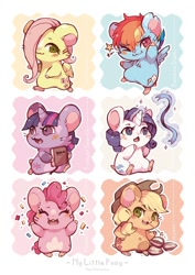 Size: 630x892 | Tagged: safe, artist:mi-eau, character:applejack, character:fluttershy, character:pinkie pie, character:rainbow dash, character:rarity, character:twilight sparkle, :3, :o, book, confetti, cute, eyes closed, hamster, hamtaro, horn, magic, mane six, my little x, open mouth, smiling, sparkles, species swap, telekinesis, wings, wink