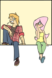 Size: 2000x3000 | Tagged: safe, artist:doggonepony, character:big mcintosh, character:fluttershy, species:human, ship:fluttermac, blushing, boots, female, humanized, male, out of frame, sandals, shipping, sitting, straight