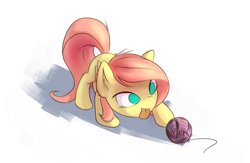Size: 2000x1300 | Tagged: safe, artist:sokolas, character:fluttershy, behaving like a cat, blep, cute, eyes on the prize, female, filly, fluttercat, playing, shyabetes, smiling, solo, tongue out, yarn