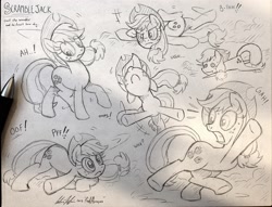 Size: 2389x1824 | Tagged: safe, artist:redapropos, character:applejack, species:pony, balancing, comic, faceplant, falling, female, grayscale, monochrome, nose in the air, pencil drawing, photo, pointy ponies, raised hoof, silly, silly pony, sketch dump, slipping, solo, traditional art, underhoof, who's a silly pony
