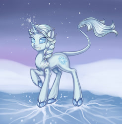 Size: 2200x2240 | Tagged: safe, artist:misukitty, species:classical unicorn, species:pony, species:unicorn, cloven hooves, cracking, crossover, disney, elsa, frozen (movie), ice, leonine tail, magic, pond, ponified, snow, snowfall, solo, water