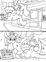 Size: 772x1034 | Tagged: safe, artist:dragonboi471, character:flash sentry, character:trixie, comic, diner, homeless, monochrome, will x for y