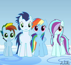 Size: 3300x3000 | Tagged: safe, artist:rulette, character:rainbow dash, character:soarin', oc, oc:crisp breeze, oc:spectrum haste, parent:rainbow dash, parent:soarin', parents:soarindash, ship:soarindash, family, female, male, offspring, parent, photo, shipping, straight