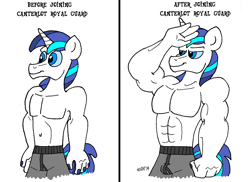 Size: 3507x2552 | Tagged: safe, artist:dragonboi471, character:shining armor, species:anthro, bare chest, before and after, belly button, boxers, clothing, male, muscles, solo, swelling armor, topless, underwear