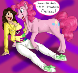 Size: 1981x1853 | Tagged: safe, artist:namygaga, character:pinkie pie, species:human, comic, melissa gedeón, spanish, translated in the comments, voice actor
