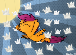 Size: 4151x3000 | Tagged: safe, artist:mrcbleck, character:scootaloo, species:pegasus, species:pony, cute, cutealoo, eyes closed, female, hanging, happy, paper, paper birds, scootaloo can't fly, smiling, solo, string, strings, sun