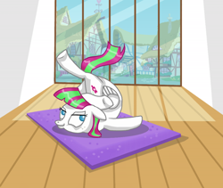 Size: 800x675 | Tagged: safe, artist:trotsworth, artist:whiteeyedcat, character:blossomforth, species:pegasus, species:pony, g4, contortionist, female, flexible, freckles, mare, no pupils, solo, three quarter view, yoga, yoga mat