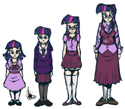 Size: 800x697 | Tagged: safe, artist:theartrix, character:twilight sparkle, species:human, adult, age progression, anatomy study, blouse, child, clothing, dress, glasses, humanized, line-up, mary janes, miniskirt, necktie, school uniform, schoolgirl, sketch, skirt, sweater, teenager, thigh highs, time warp, toddler, vest, younger