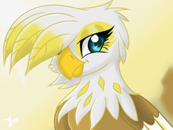 Size: 1600x1200 | Tagged: safe, artist:tallyburd, oc, oc only, oc:vivica pierce, species:griffon, bust, female, griffon oc, looking at you, signature, smiling, solo