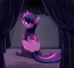 Size: 2800x2600 | Tagged: safe, artist:sokolas, character:twilight sparkle, curtains, female, looking at you, looking back, sitting, smiling, solo