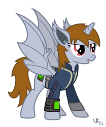 Size: 816x978 | Tagged: safe, artist:mrlolcats17, oc, oc only, oc:littlepip, species:bat pony, species:pony, fallout equestria, bat pony alicorn, clothing, cutie mark, fanfic, fanfic art, fangs, female, hooves, horn, mare, open mouth, pipbuck, race swap, simple background, solo, transparent background, vault suit