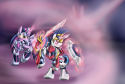 Size: 900x606 | Tagged: dead source, safe, artist:zedrin, character:shining armor, character:twilight sparkle, armor, glare, gritted teeth, magic, raised hoof, rearing, shield, sword, telekinesis, weapon