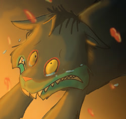 Size: 687x646 | Tagged: safe, artist:frankilew, character:ahuizotl, crying, fire, headcanon, male, solo, story included, toddler, watching the world burn, young