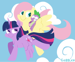Size: 968x803 | Tagged: safe, artist:coggler, character:fluttershy, character:spike, character:twilight sparkle, character:twilight sparkle (alicorn), species:alicorn, species:dragon, species:pegasus, species:pony, ship:twishy, :t, blue background, cloud, cute, dragons riding ponies, female, flying, frown, gritted teeth, lesbian, lidded eyes, looking back, looking down, male, mare, riding, scared, shipping, simple background, sky, smiling, smirk, spread wings, trio, wide eyes, wings