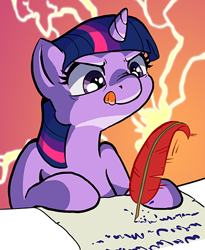 Size: 400x488 | Tagged: safe, artist:muffinshire, character:twilight sparkle, comic:twilight's first day, female, ink, lightning, magic, quill, scroll, solo, wip, writing