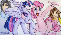 Size: 1180x677 | Tagged: safe, artist:namygaga, character:pinkie pie, character:twilight sparkle, character:twilight sparkle (alicorn), species:alicorn, species:pony, carla castañeda, female, happy, human ponidox, looking at you, mare, melissa gedeón, mexico, ponidox, smiling, spanish, voice actor