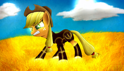 Size: 1024x585 | Tagged: safe, artist:tzolkine, character:applejack, species:earth pony, species:pony, fanfic:it's a dangerous business going out your door, armor, clothing, female, leather armor, mare, solo