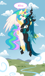 Size: 3000x5000 | Tagged: safe, artist:pippy, character:princess celestia, character:queen chrysalis, species:alicorn, species:changeling, species:pony, ship:chryslestia, absurd resolution, bedroom eyes, changeling queen, crack shipping, eye contact, female, flying, hug, one word, open mouth, scared, shipping, smiling, spread wings, wide eyes, wings