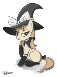 Size: 1024x1380 | Tagged: safe, artist:nevobaster, species:pony, bedroom eyes, butterfly, clothing, female, hat, kirisame marisa, mare, ponified, sitting, smirk, socks, solo, tail bow, touhou, witch hat