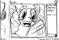 Size: 894x599 | Tagged: safe, artist:wingbeatpony, character:pinkie pie, oc, oc:anon, species:earth pony, species:pony, cute, female, livestream, mare, monochrome, open mouth, smiling, solo, waving, webcam
