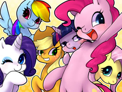 Size: 1600x1200 | Tagged: safe, artist:ayahana, character:applejack, character:fluttershy, character:pinkie pie, character:rainbow dash, character:rarity, character:twilight sparkle, bipedal, blushing, cute, mane six, one eye closed, open mouth, pixiv, smiling, sweat, sweatdrop, wink
