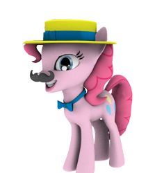 Size: 664x745 | Tagged: safe, artist:sparkyfox, character:pinkie pie, episode:trade ya, g4, my little pony: friendship is magic, 3d, bow tie, cg, clothing, fake moustache, fanart, female, flim flam style, hat, simple background, solo, transparent background