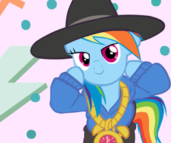 Size: 1131x946 | Tagged: safe, artist:majkashinoda626, character:rainbow dash, species:pony, episode:testing testing 1-2-3, g4, my little pony: friendship is magic, abstract background, clock, clothing, female, hat, hilarious in hindsight, looking at you, mare, rainbow dash always dresses in style, rap, rapper, rapper dash, simple background, smiling, solo, wingless