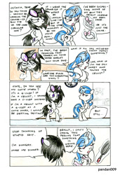 Size: 1011x1480 | Tagged: safe, artist:pandan009, character:dj pon-3, character:octavia melody, character:vinyl scratch, species:pony, ship:scratchtavia, alternate hairstyle, apron, bipedal, bow tie, character parody, cigarette, clothing, comic, dressing, female, frying pan, g clef, lesbian, personality swap, role reversal, shipping, smoking, traditional art, vinyl class, vulgar