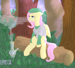 Size: 3000x2700 | Tagged: safe, artist:red note, character:fluttershy, beanie, bong, clothing, female, flutterhigh, hat, high, marijuana, solo, stoner
