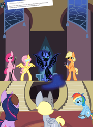 Size: 1100x1500 | Tagged: safe, artist:lilliesinthegarden, character:applejack, character:derpy hooves, character:fluttershy, character:nightmare moon, character:pinkamena diane pie, character:pinkie pie, character:princess luna, character:rainbow dash, character:rarity, character:twilight sparkle, species:pony, alternate universe, ask emberbell, bipedal, blindfold, chains, frown, glass, hoof hold, injured, mane six, sad, shackles, sitting, spear, spread wings, throne, throne room, tray, tumblr, wine, wings