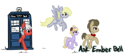 Size: 700x300 | Tagged: safe, artist:lilliesinthegarden, character:derpy hooves, character:dinky hooves, character:doctor whooves, character:time turner, oc, oc:secretagentpony, species:pegasus, species:pony, ask emberbell, banner, cute, female, mare, tardis