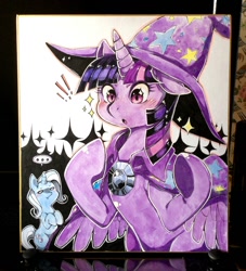 Size: 866x953 | Tagged: safe, artist:mi-eau, character:trixie, character:twilight sparkle, character:twilight sparkle (alicorn), species:alicorn, species:pony, species:unicorn, accessory swap, blushing, female, mare, photo, the great and powerful, traditional art