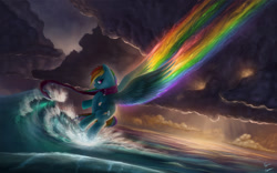 Size: 2000x1250 | Tagged: safe, artist:rain-gear, character:rainbow dash, clothing, epic, female, ocean, rainbow trail, scarf, scenery, solo, spread wings, trail, water, wings